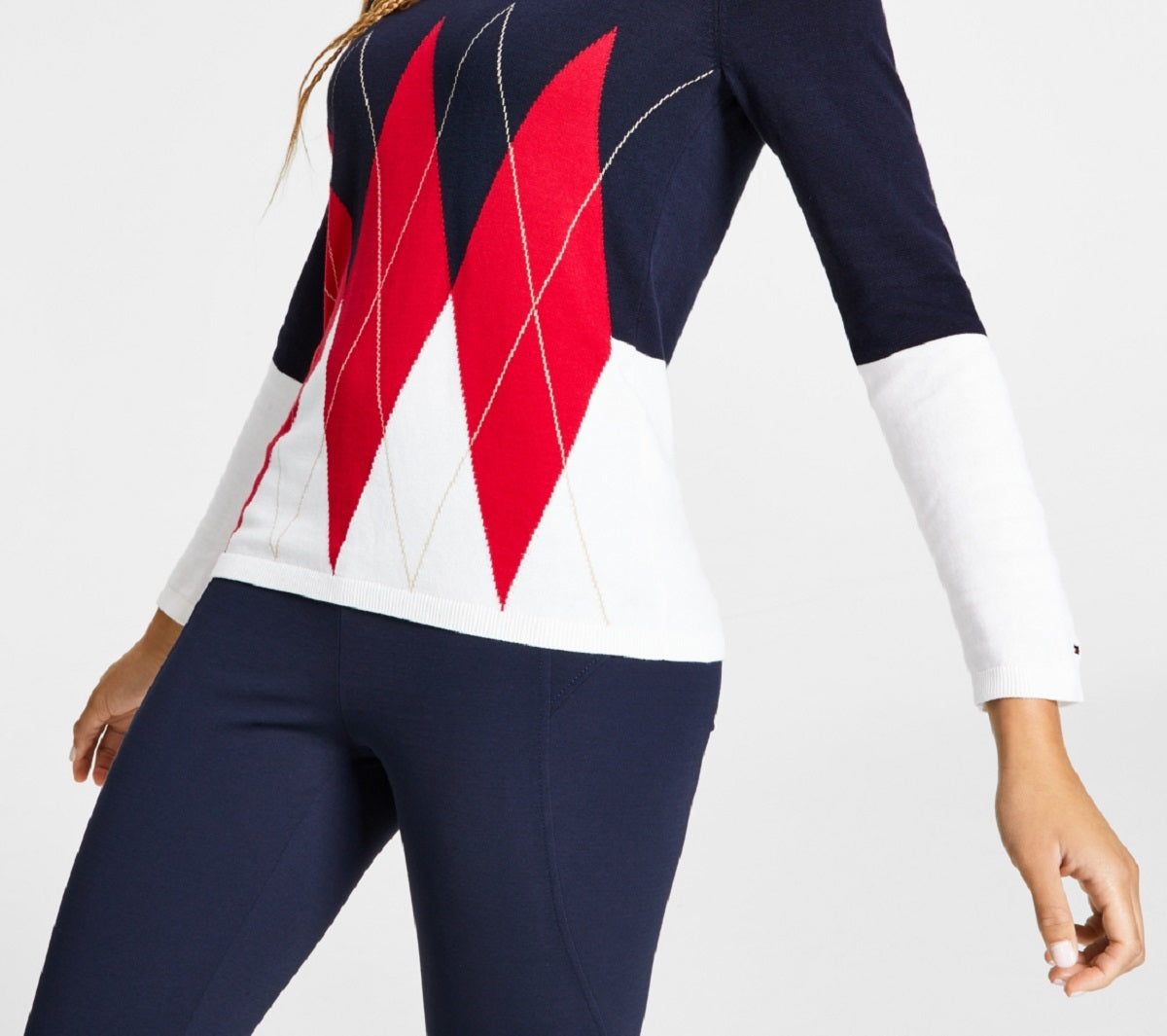 Tommy Hilfiger Women's Cotton Colorblocked Argyle Sweater Blue Size Medium