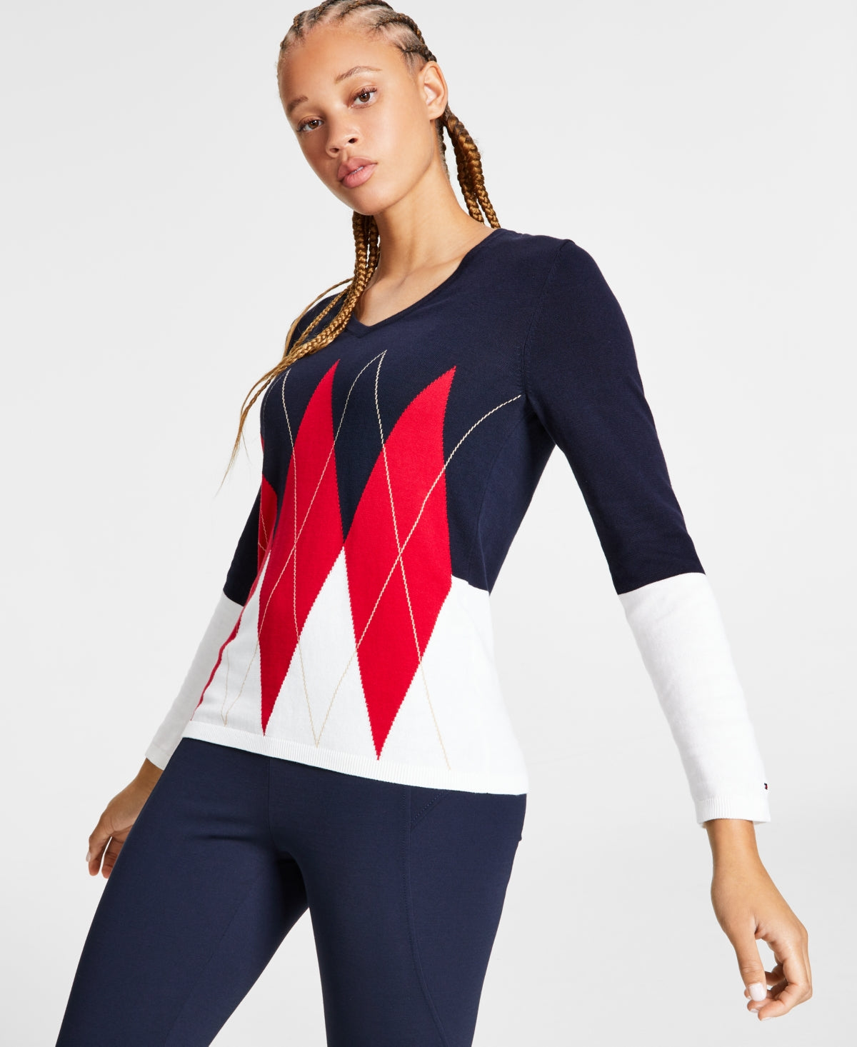 Tommy Hilfiger Women's Cotton Colorblocked Argyle Sweater Blue Size Medium
