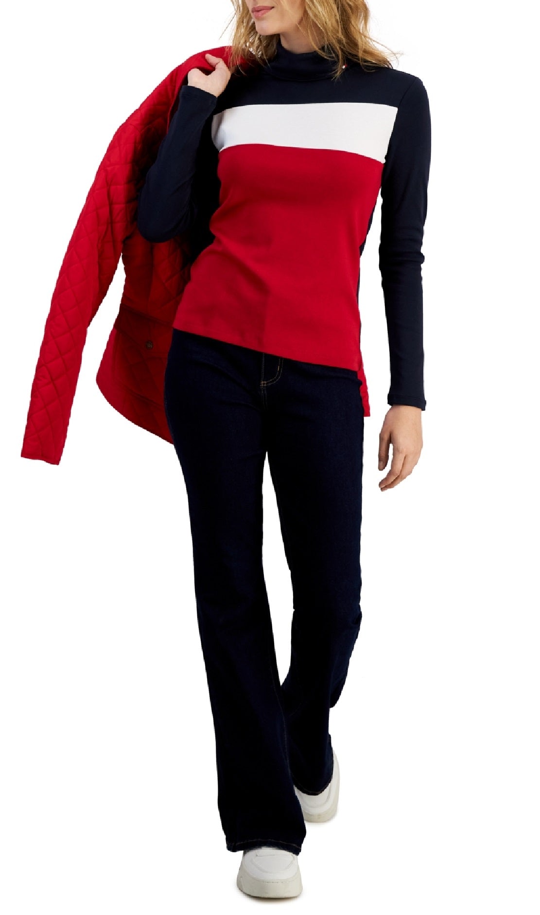 Tommy Hilfiger Women's Cotton Turtleneck Colorblocked Long Sleeve Top Blue Size Large
