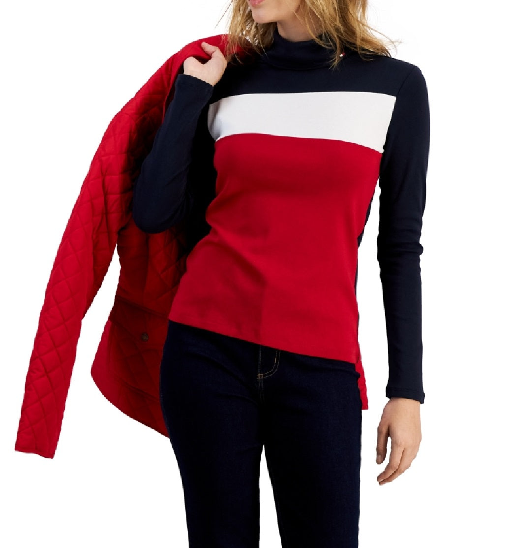 Tommy Hilfiger Women's Cotton Turtleneck Colorblocked Long Sleeve Top Blue Size Large