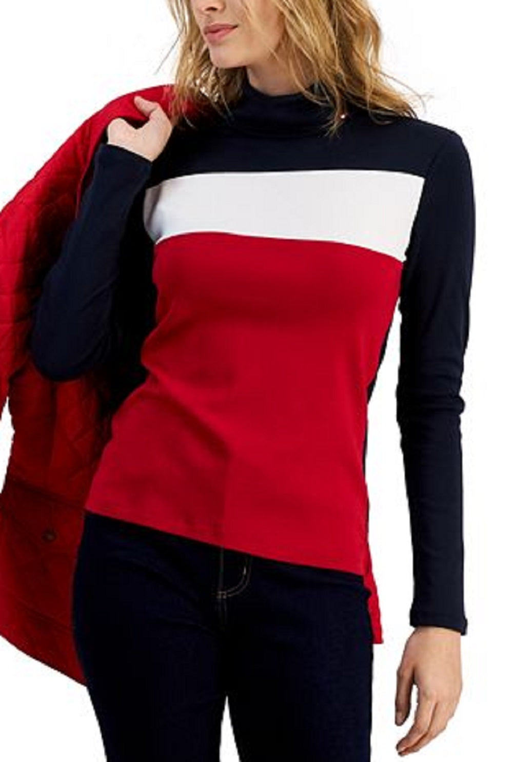 Tommy Hilfiger Women's Cotton Turtleneck Colorblocked Long Sleeve Top Blue Size Small