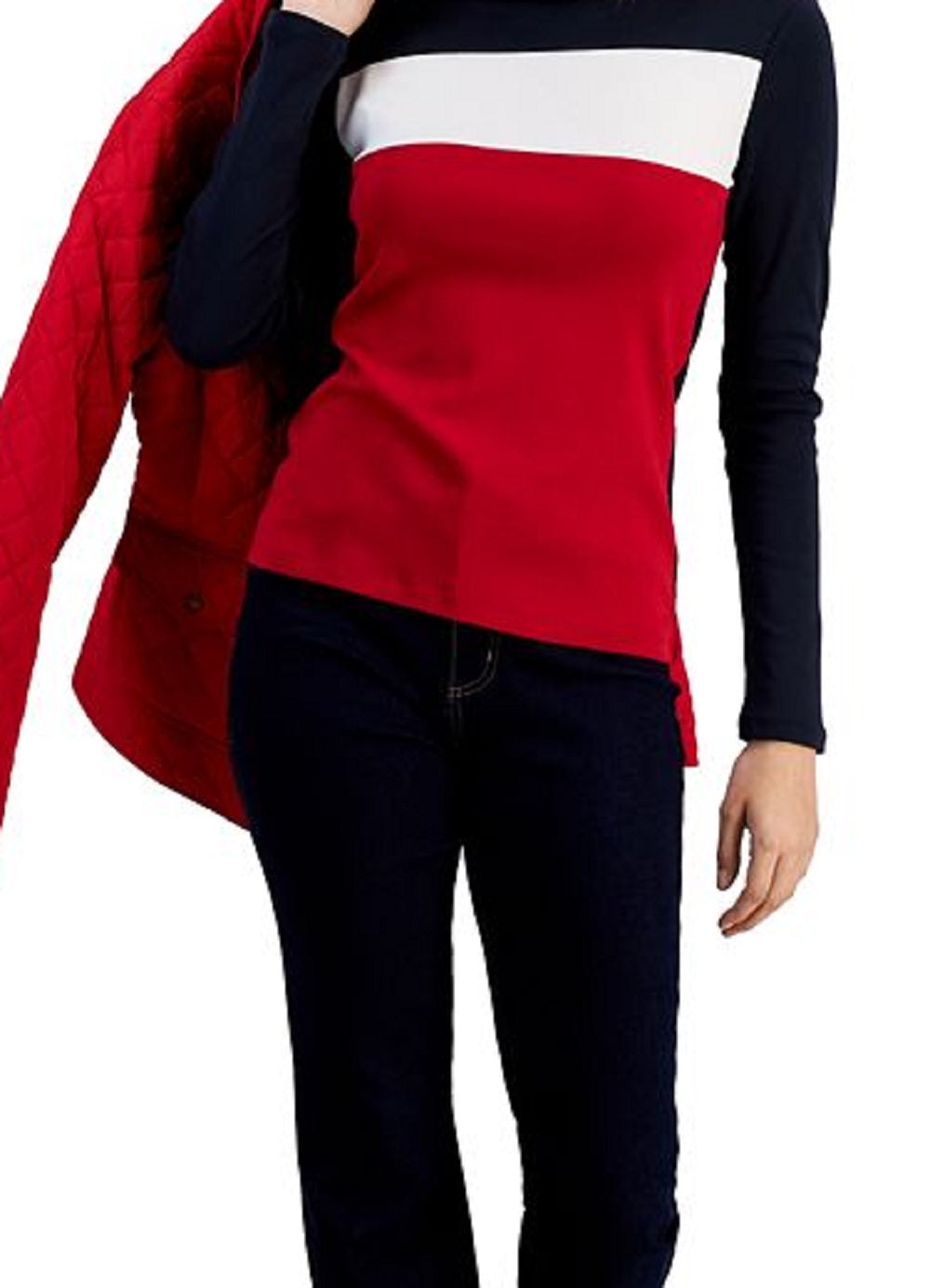 Tommy Hilfiger Women's Cotton Turtleneck Colorblocked Long Sleeve Top Blue Size Small