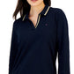 Tommy Hilfiger Women's Striped Johnny Collar 3/4 Sleeve Polo Top Blue
