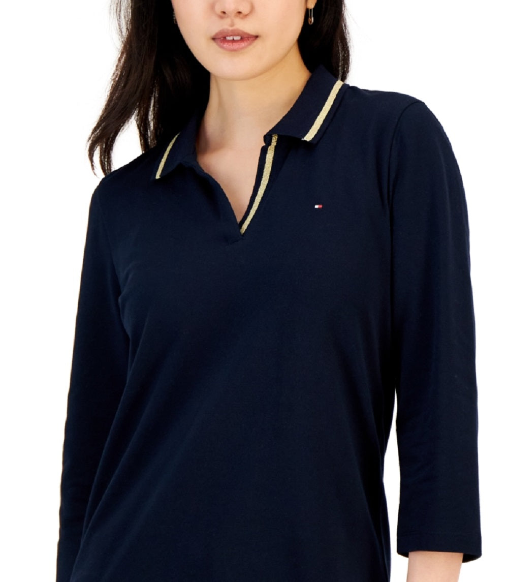 Tommy Hilfiger Women's Striped Johnny Collar 3/4 Sleeve Polo Top Blue