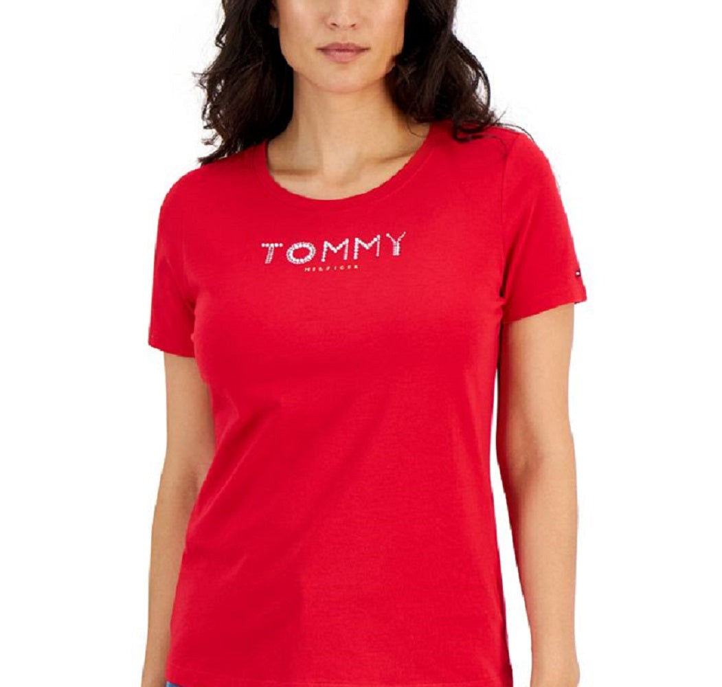 Tommy Hilfiger Women's Crew Neck Rhinestone Embellished T-Shirt Red Size X-Small