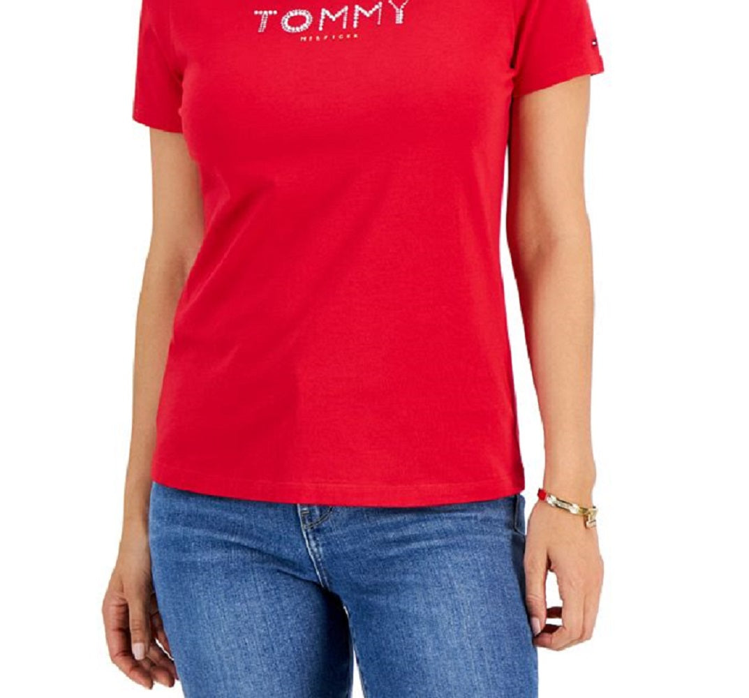 Tommy Hilfiger Women's Crew Neck Rhinestone Embellished T-Shirt Red Size X-Small
