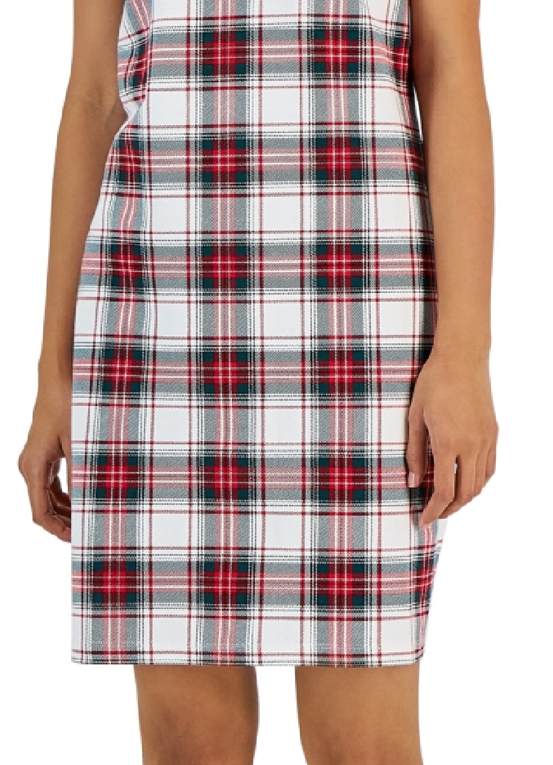 Tommy Hilfiger Women's Plaid Metallic Trim V Neck Dress White
