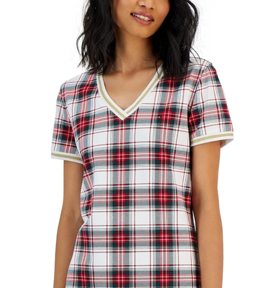 Tommy Hilfiger Women's Plaid Metallic Trim V Neck Dress White