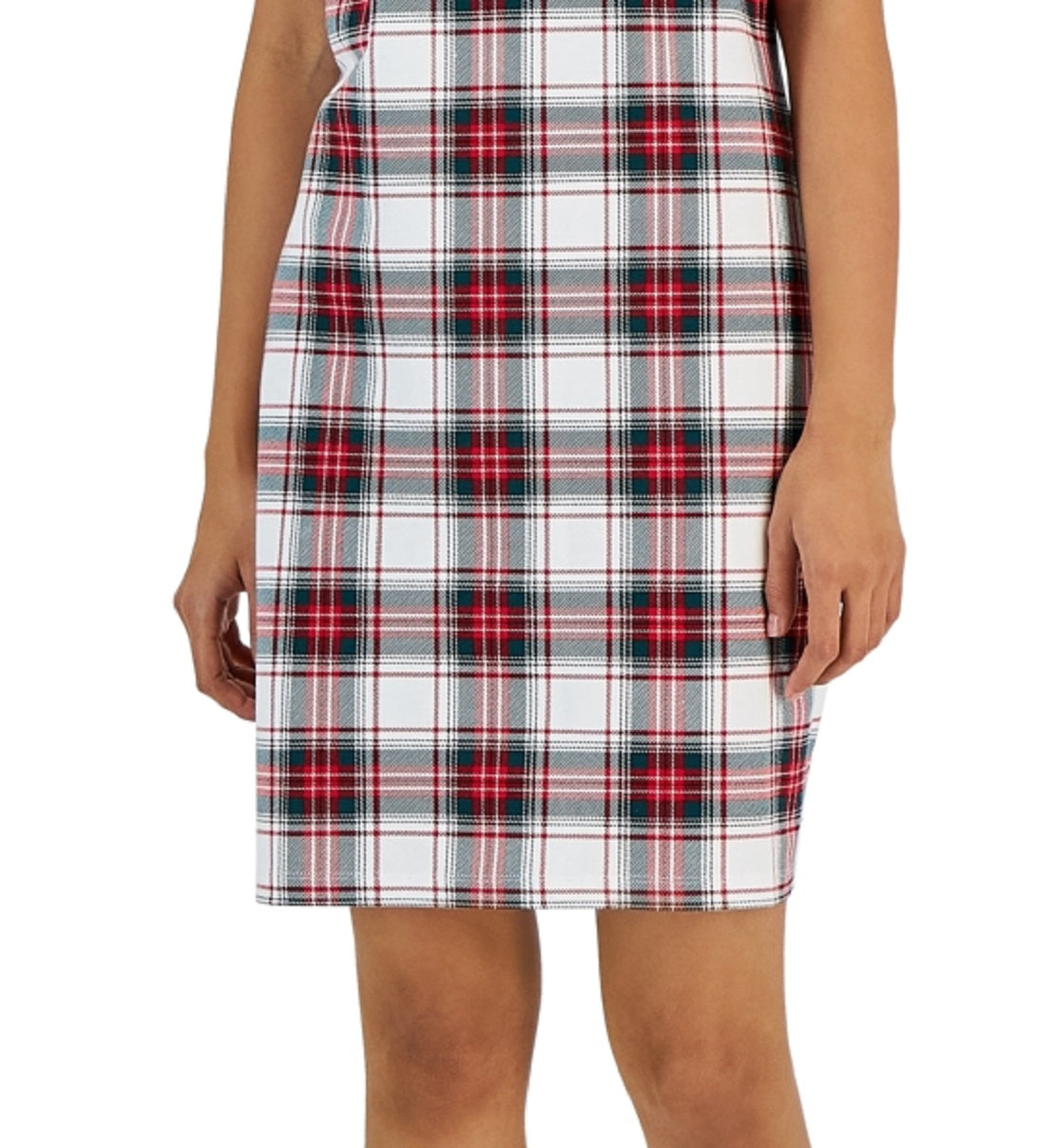 Tommy Hilfiger Women's Plaid Metallic Trim V Neck Dress White