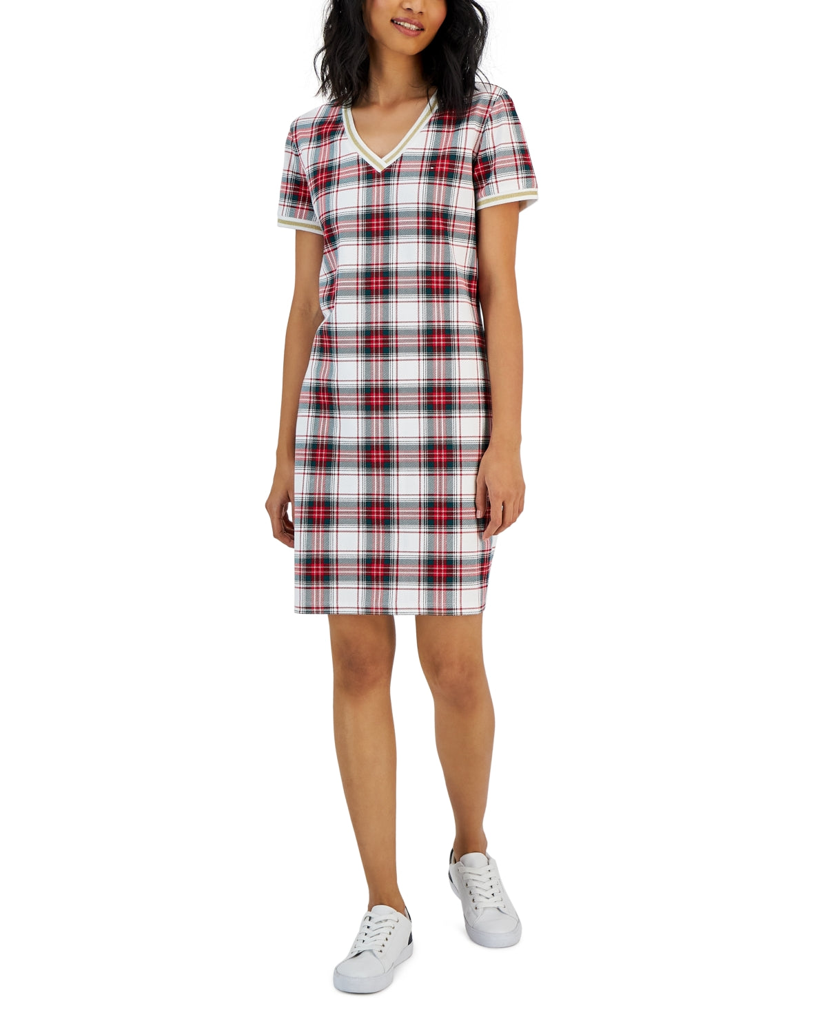 Tommy Hilfiger Women's Plaid Metallic Trim V Neck Dress White