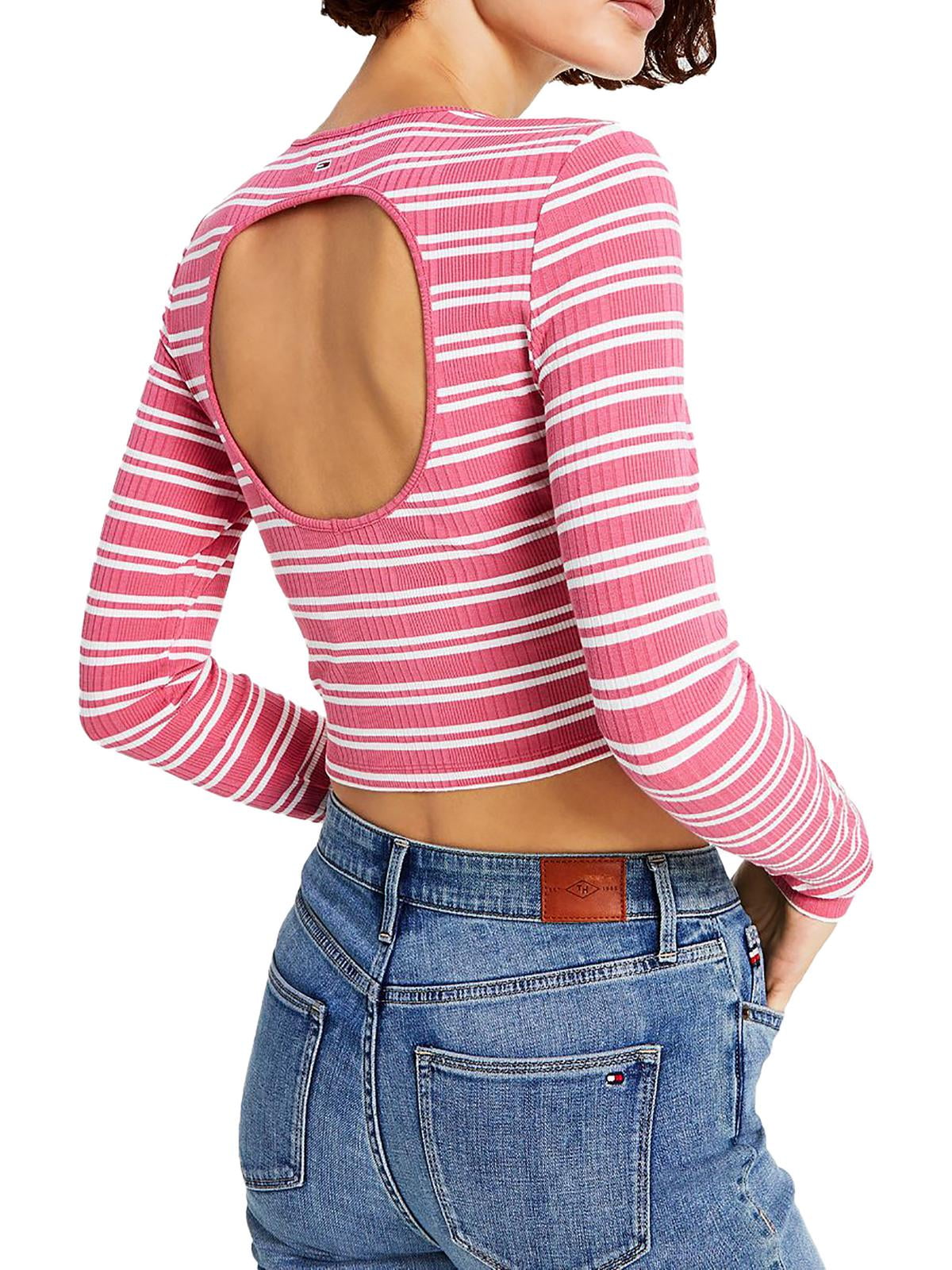 Tommy Jeans Women's Back Cutout Striped Ribbed Top Pink Size Small