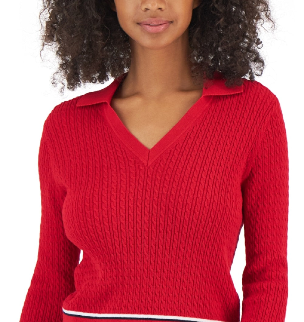 Tommy Hilfiger Women's Cotton Johnny Collar Cable Knit Sweater Red Size X-Large