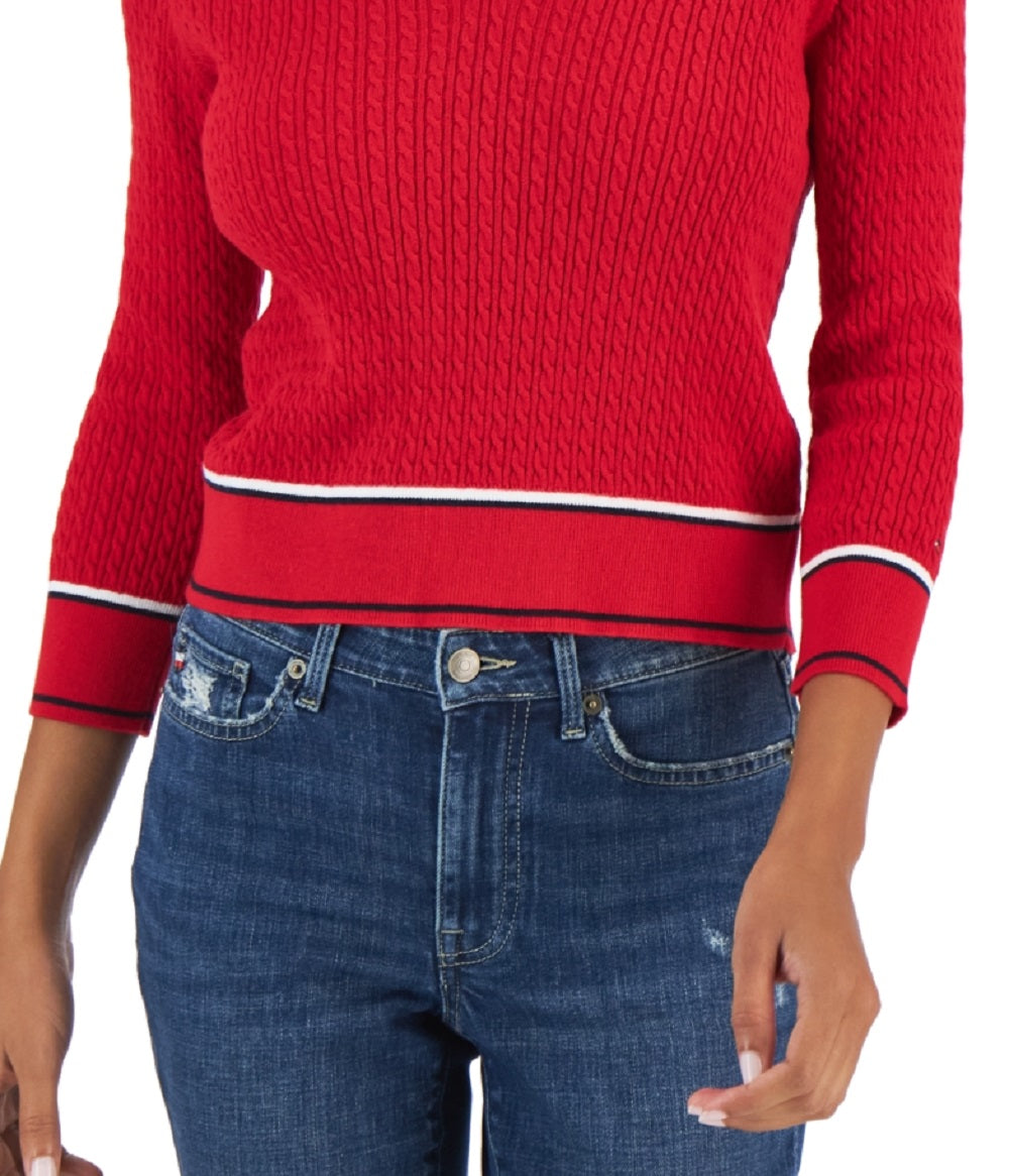 Tommy Hilfiger Women's Cotton Johnny Collar Cable Knit Sweater Red Size X-Large