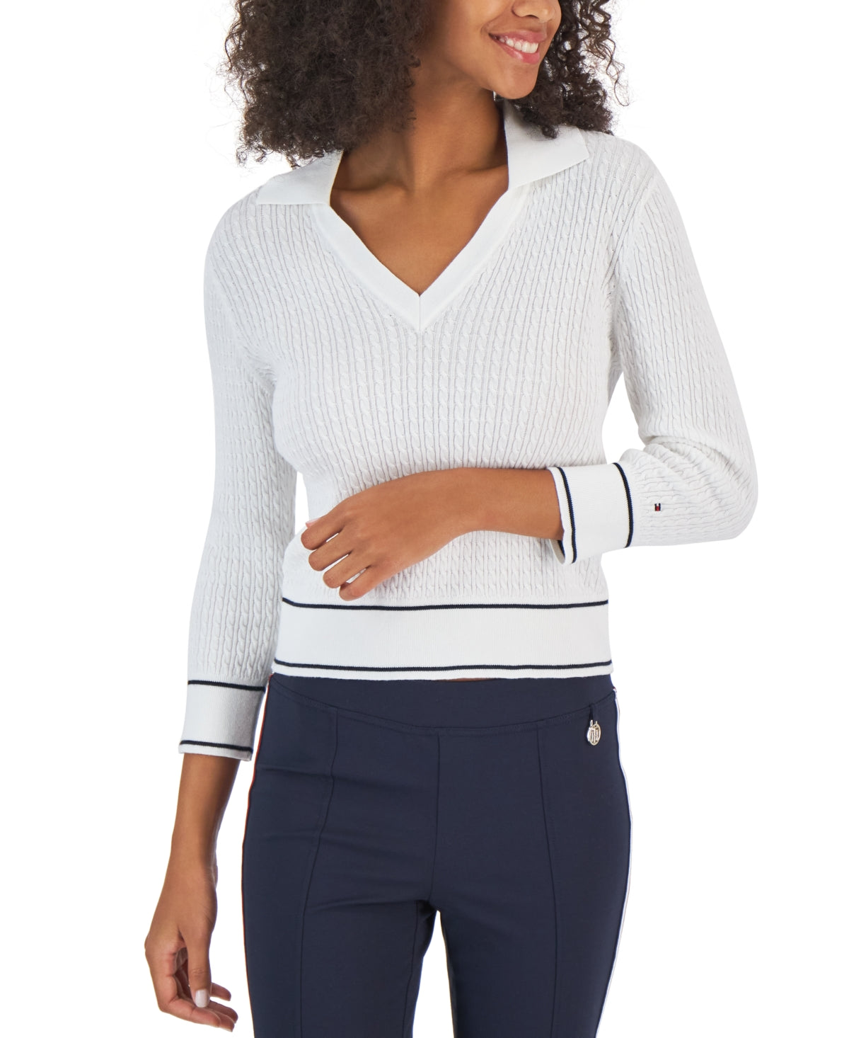 Tommy Hilfiger Women's Cotton Johnny Collar Cable Knit Sweater White Size X-Large