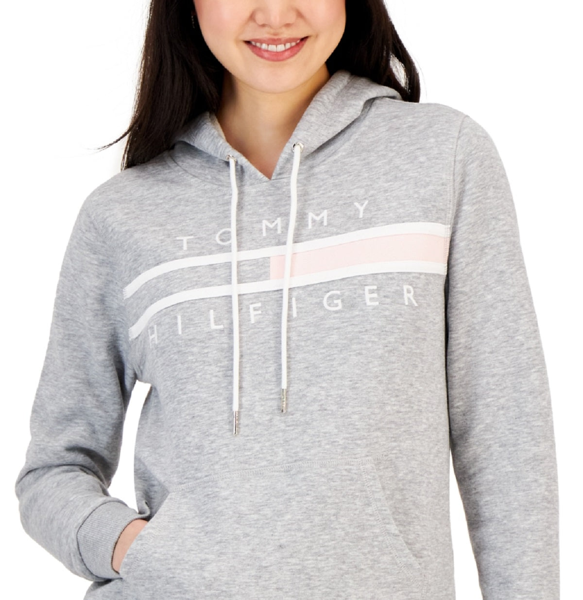 Tommy Hilfiger Women's Long Sleeve Front Pocket Logo Sweatshirt Gray Size Medium