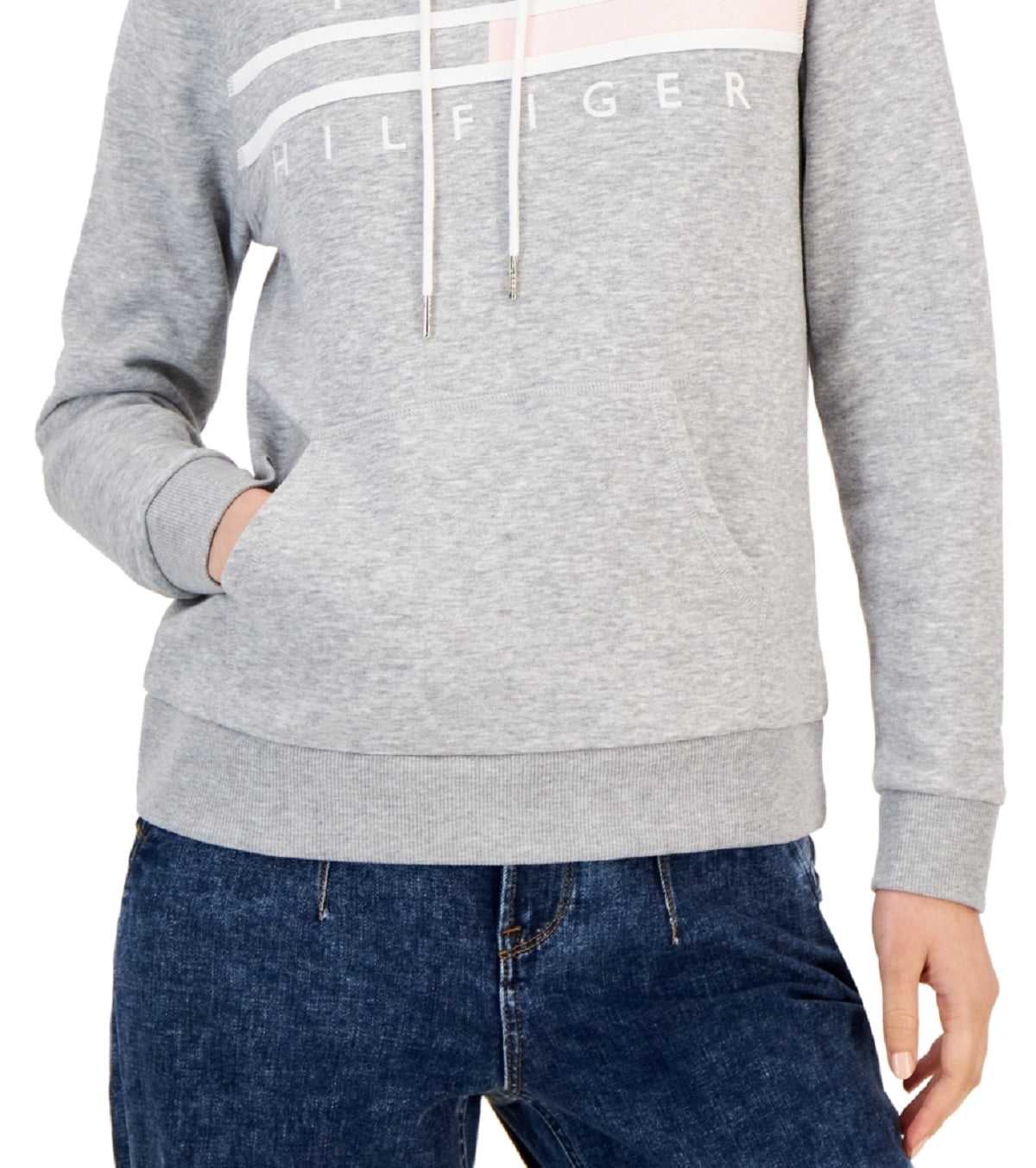 Tommy Hilfiger Women's Long Sleeve Front Pocket Logo Sweatshirt Gray Size Medium