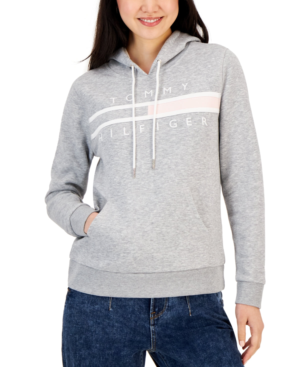 Tommy Hilfiger Women's Long Sleeve Front Pocket Logo Sweatshirt Gray Size Medium