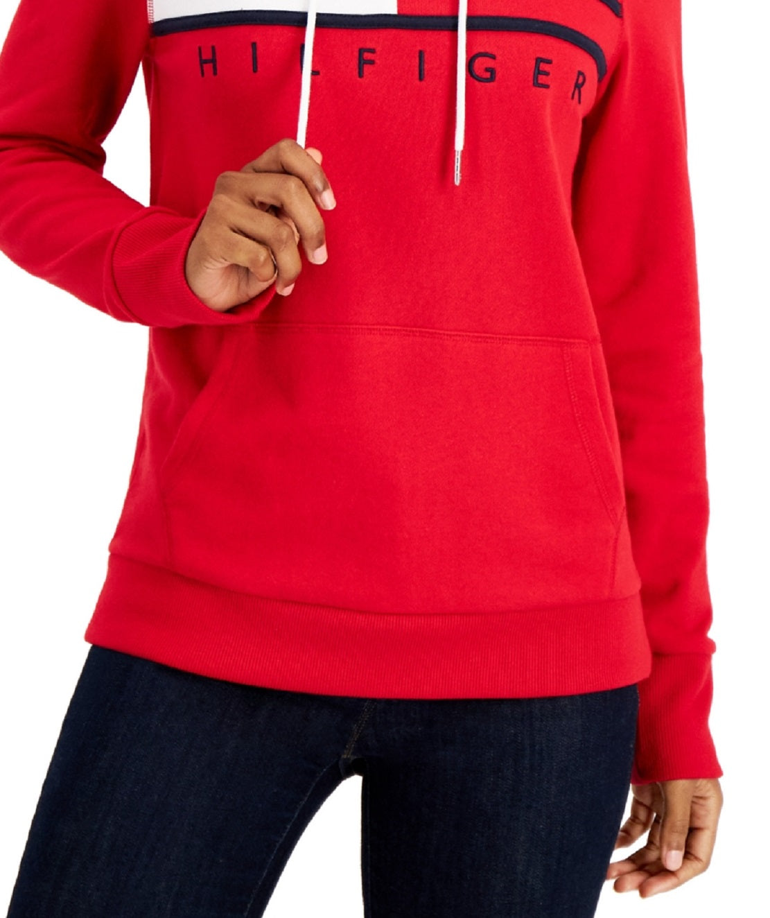 Tommy Hilfiger Women's Long Sleeve Front Pocket Logo Sweatshirt Red Size Large