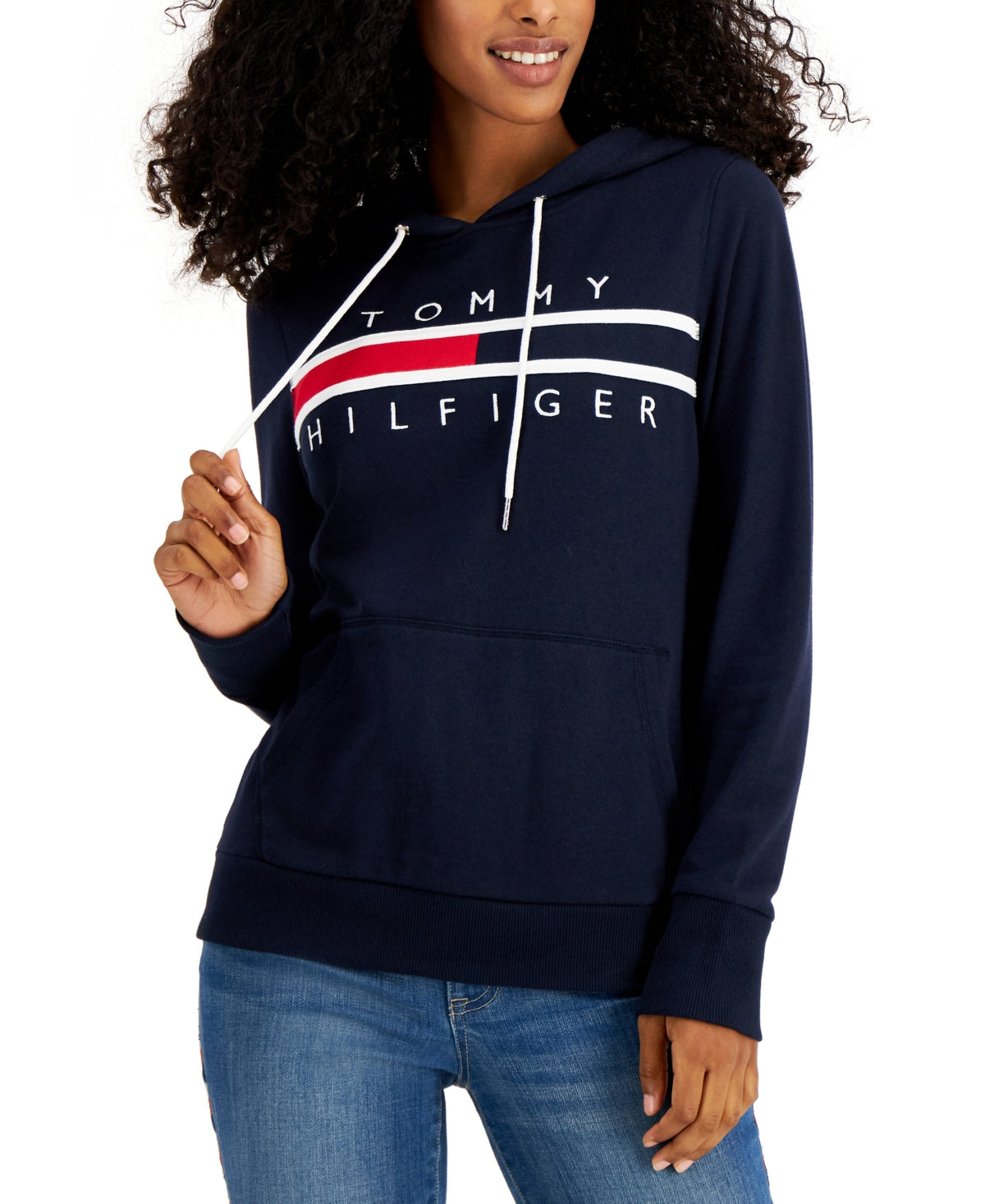 Tommy Hilfiger Women's Long Sleeve Front Pocket Logo Sweatshirt Blue Size Small