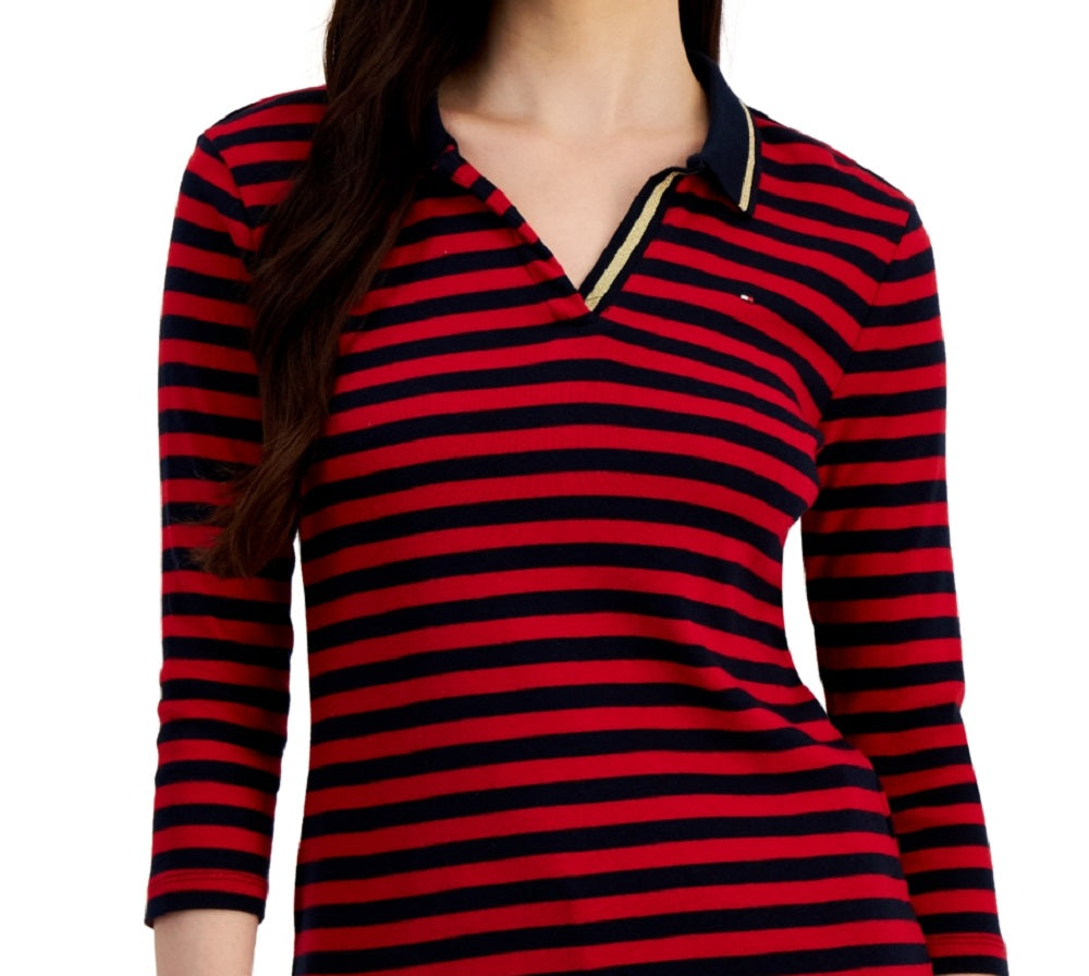 Tommy Hilfiger Women's Striped Cotton Johnny Collar Polo Top Red Size Large