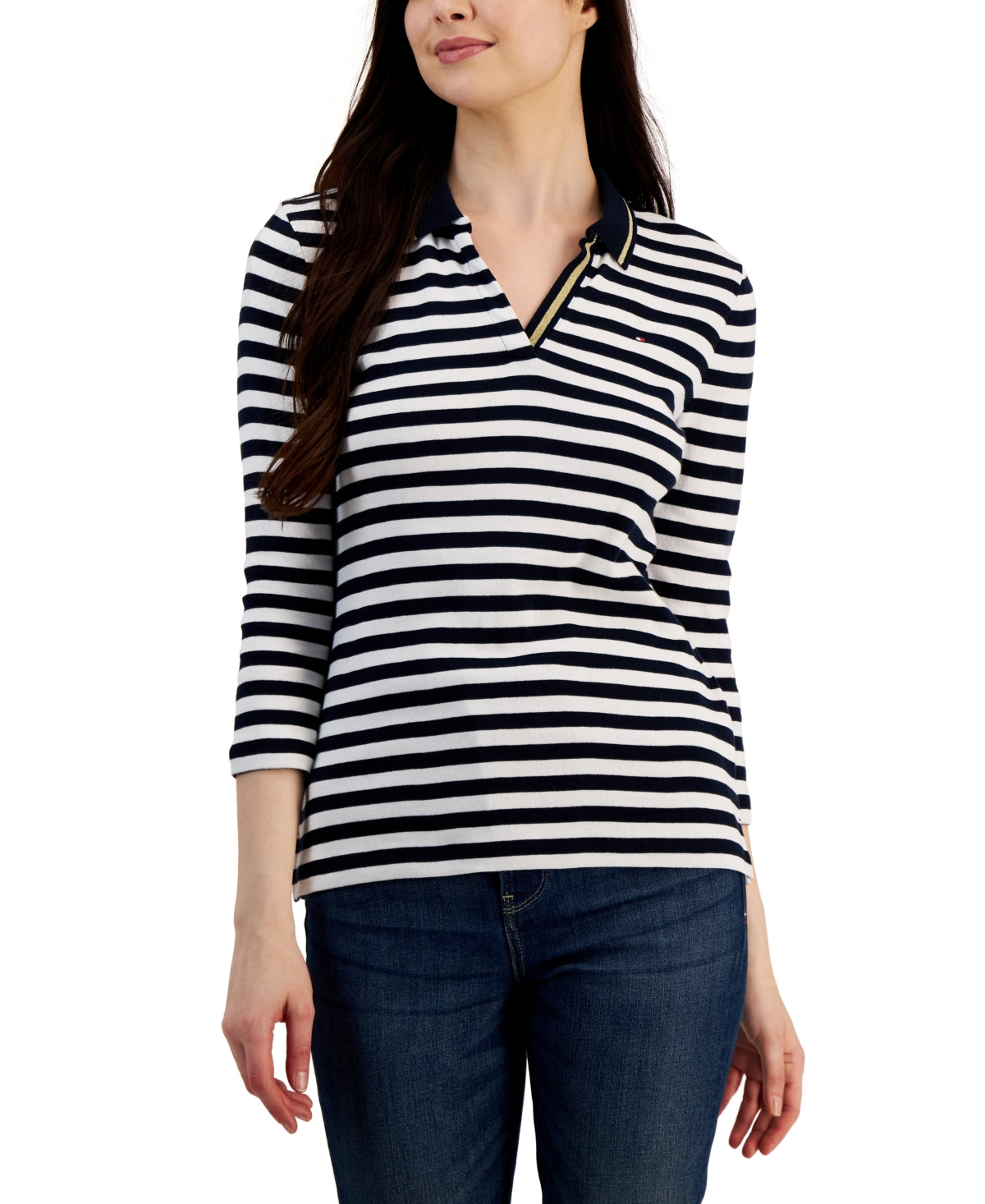 Tommy Hilfiger Women's Striped Cotton Johnny Collar Polo Top White