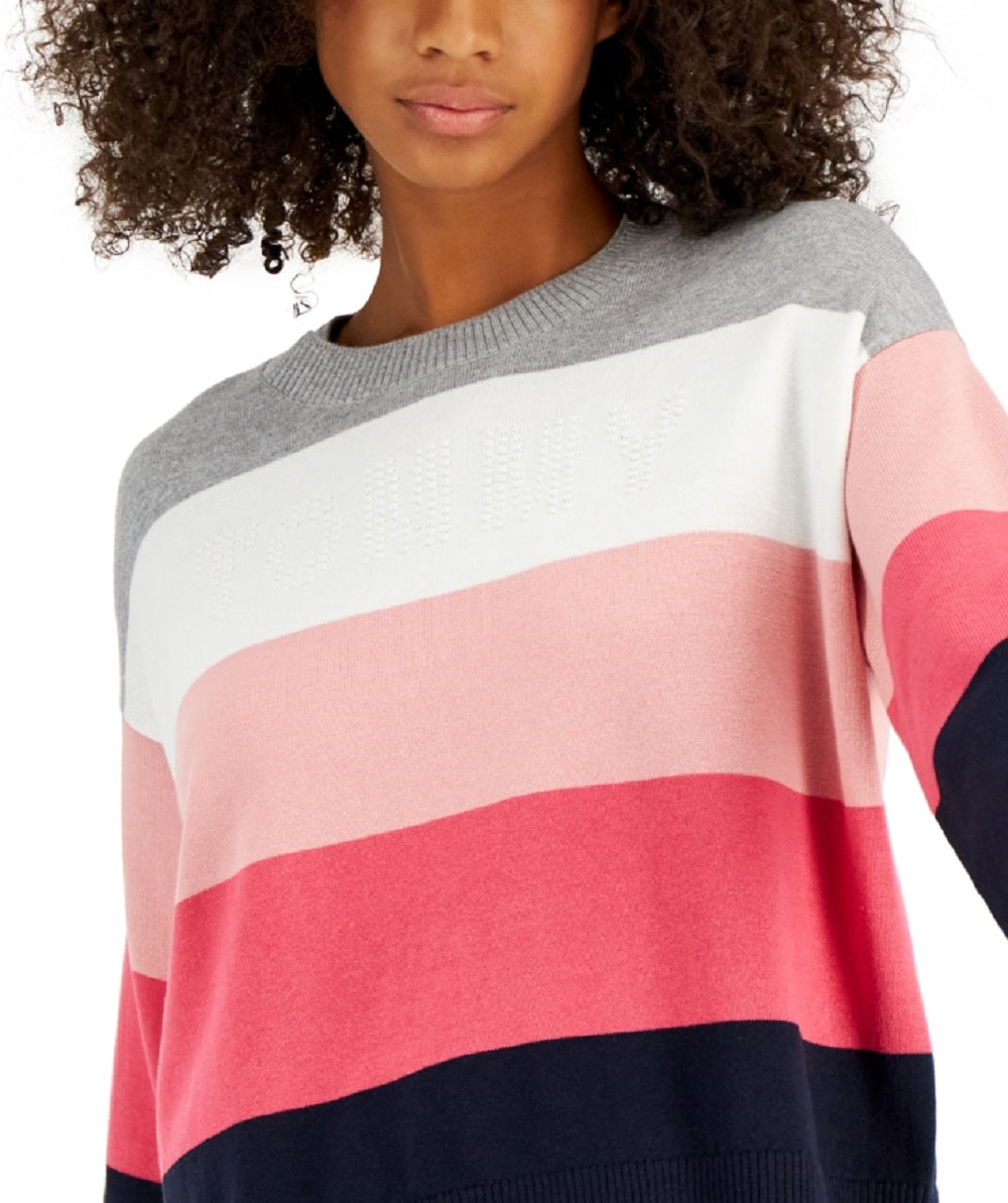 Tommy Hilfiger Women's Stripe Logo Bubble Sweater Pink Size X-Large