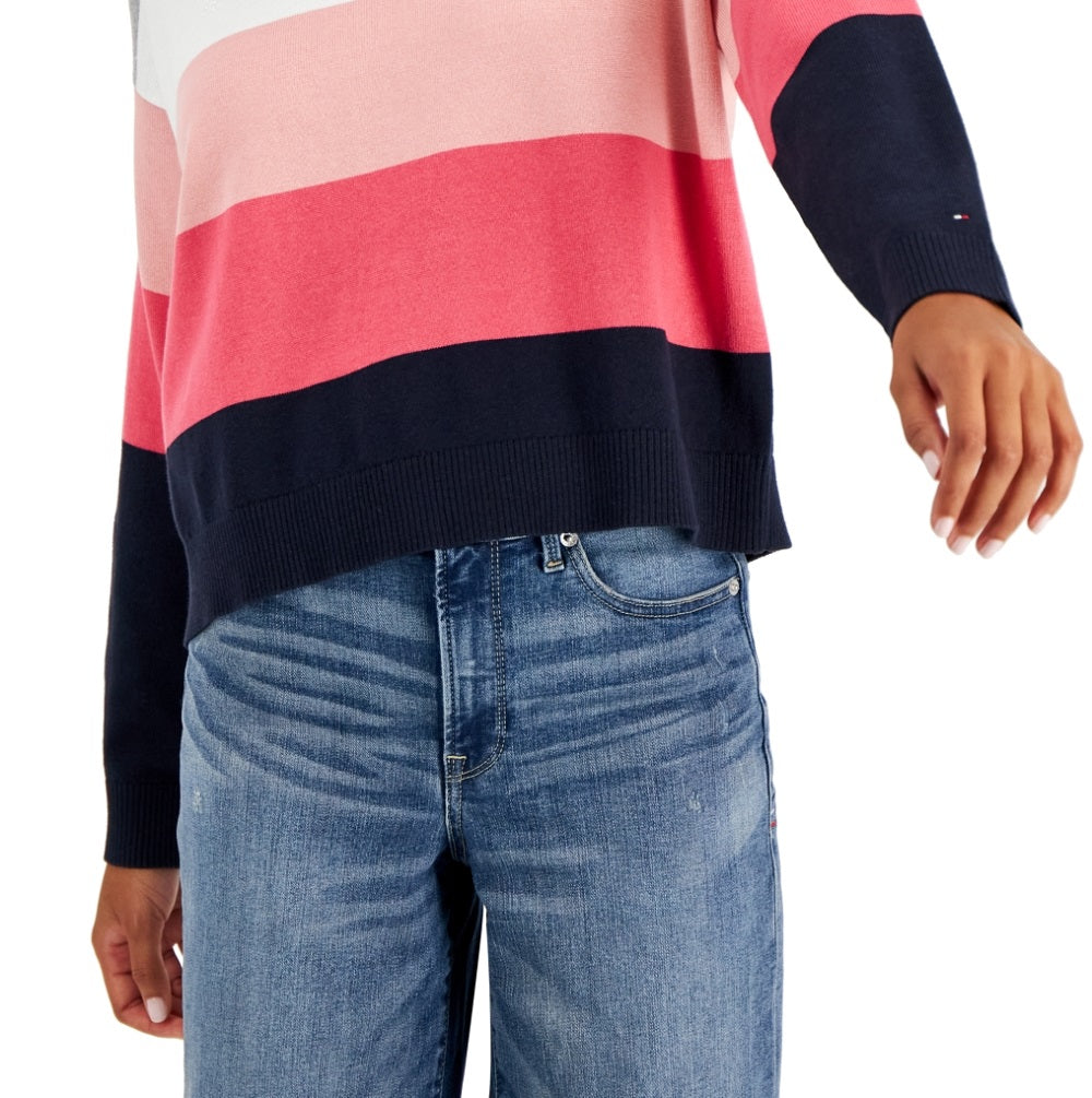 Tommy Hilfiger Women's Stripe Logo Bubble Sweater Pink Size X-Large