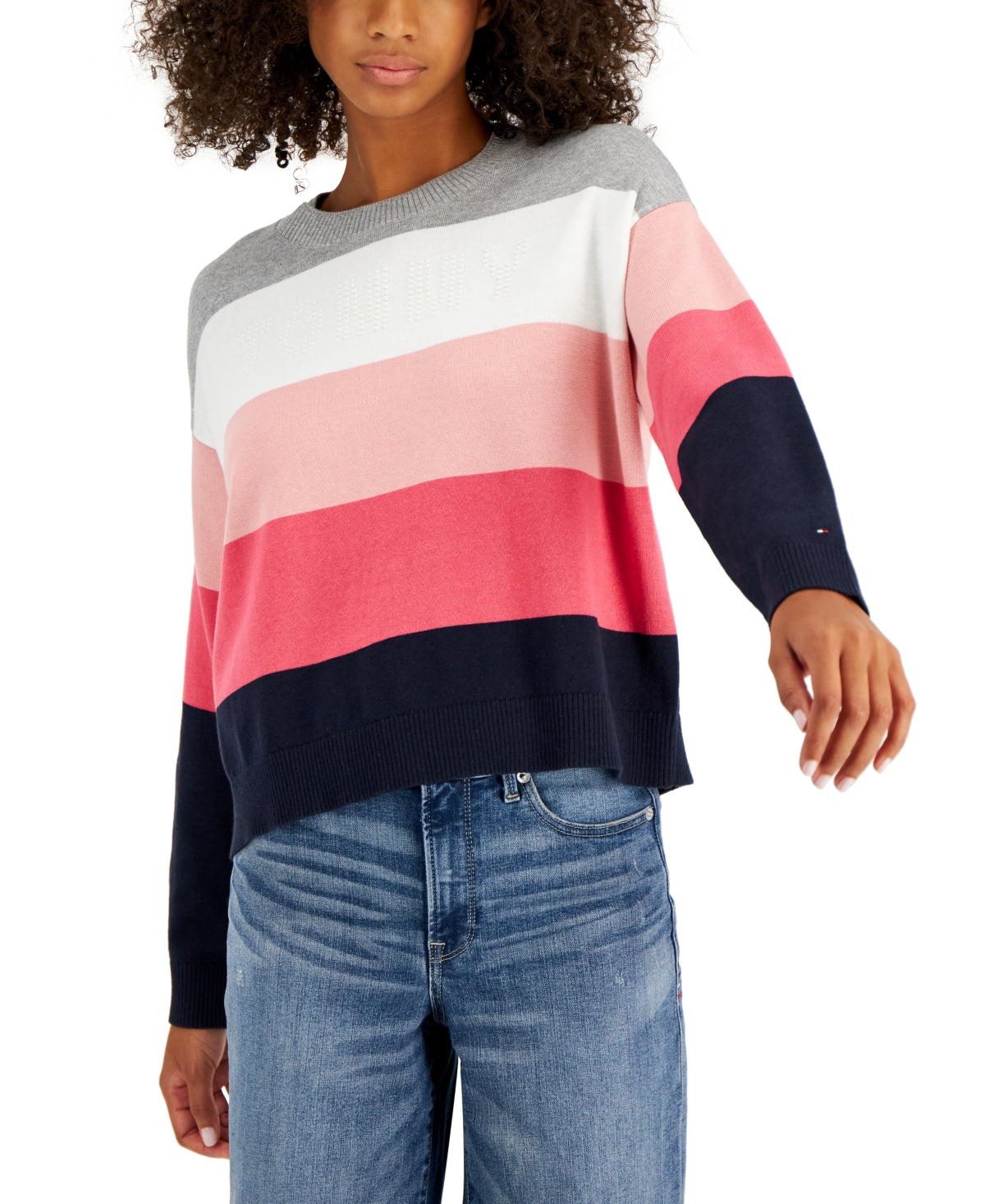Tommy Hilfiger Women's Stripe Logo Bubble Sweater Pink Size X-Large
