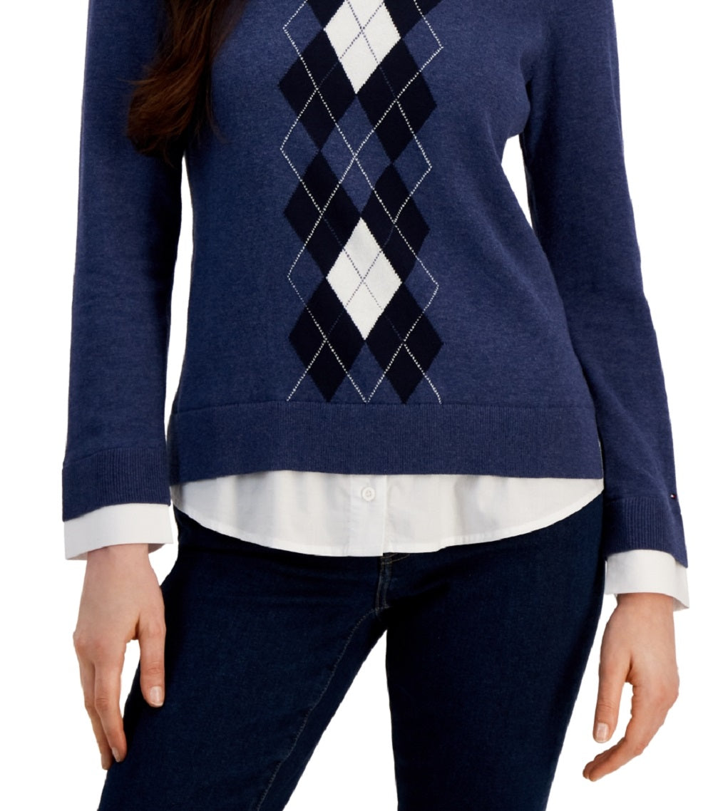 Tommy Hilfiger Women's Cotton Argyle Print Layered Look Sweater Blue Size Small