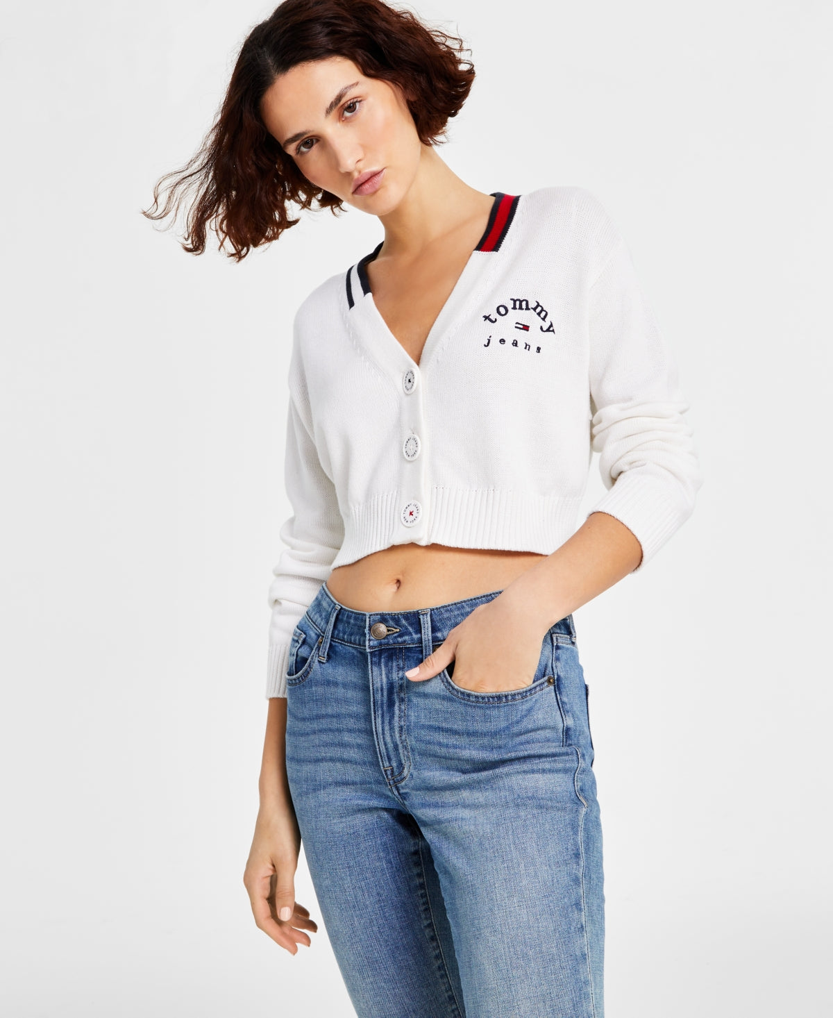 Tommy Jeans Women's V Neck Cropped Cardigan Sweater White Size Large