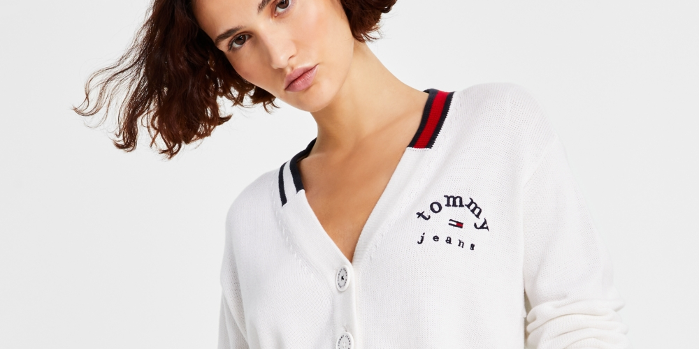 Tommy Jeans Women's V Neck Cropped Cardigan Sweater White Size Large