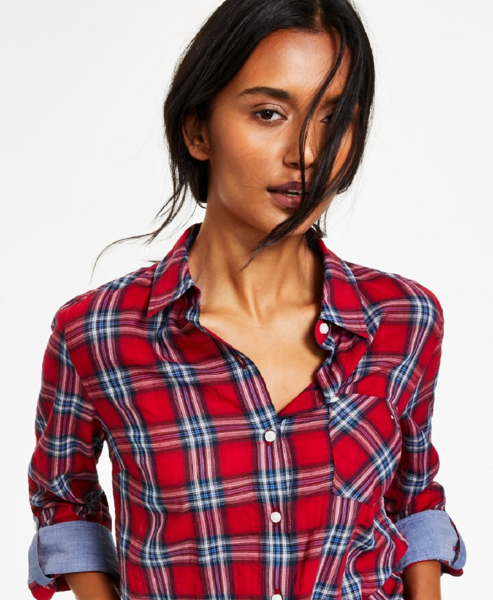 Tommy Hilfiger Women's Roll Tab Button Down Shirt Red Size Large