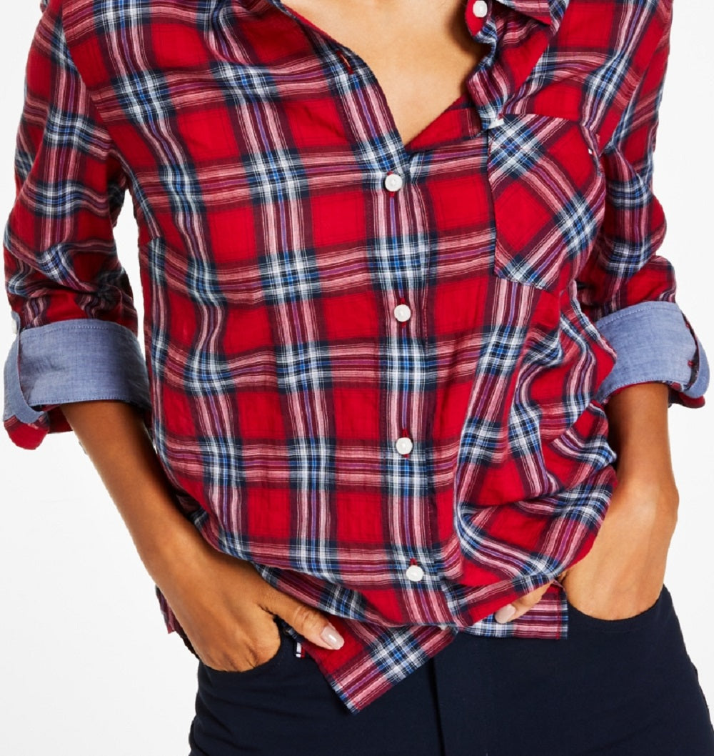 Tommy Hilfiger Women's Roll Tab Button Down Shirt Red Size Large