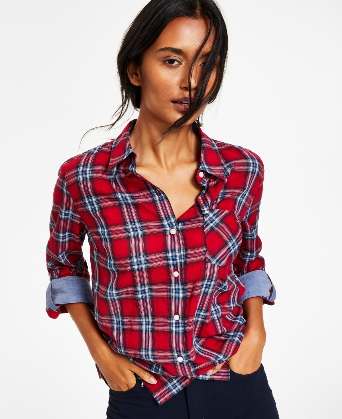 Tommy Hilfiger Women's Roll Tab Button Down Shirt Red Size Large