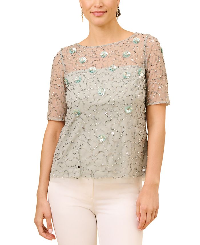 Adrianna Papell Women's Boat Neck Embellished Elbow Sleeve Top Green Size 4