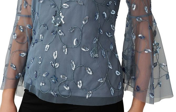 Adrianna Papell Women's V Neck Embellished Flare Sleeve Top Blue Size 10
