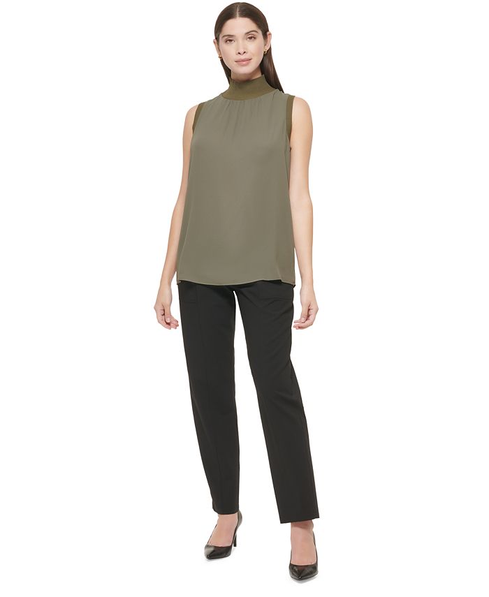 Calvin Klein Women's Ribbed Mock Neck Sleeveless Top Green Size Medium