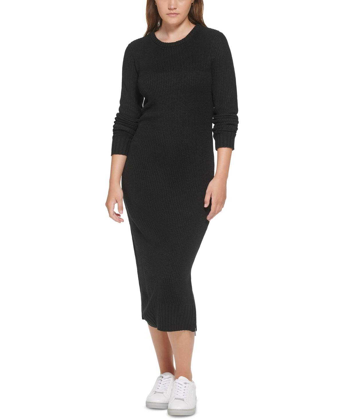 Calvin Klein Jeans Women's Ribbed Long Sleeve Crewneck Side Slit Dress Black Size Large