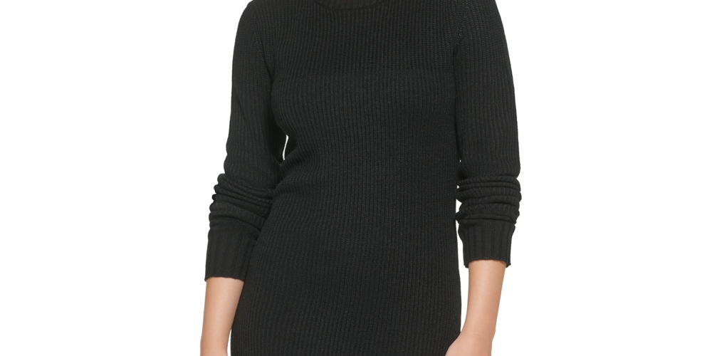 Calvin Klein Jeans Women's Ribbed Long Sleeve Crewneck Side Slit Dress Black Size Large