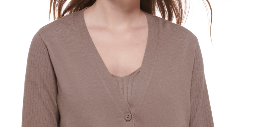Calvin Klein Women's Ribbed Sleeve Button Front Cardigan Brown Size Large