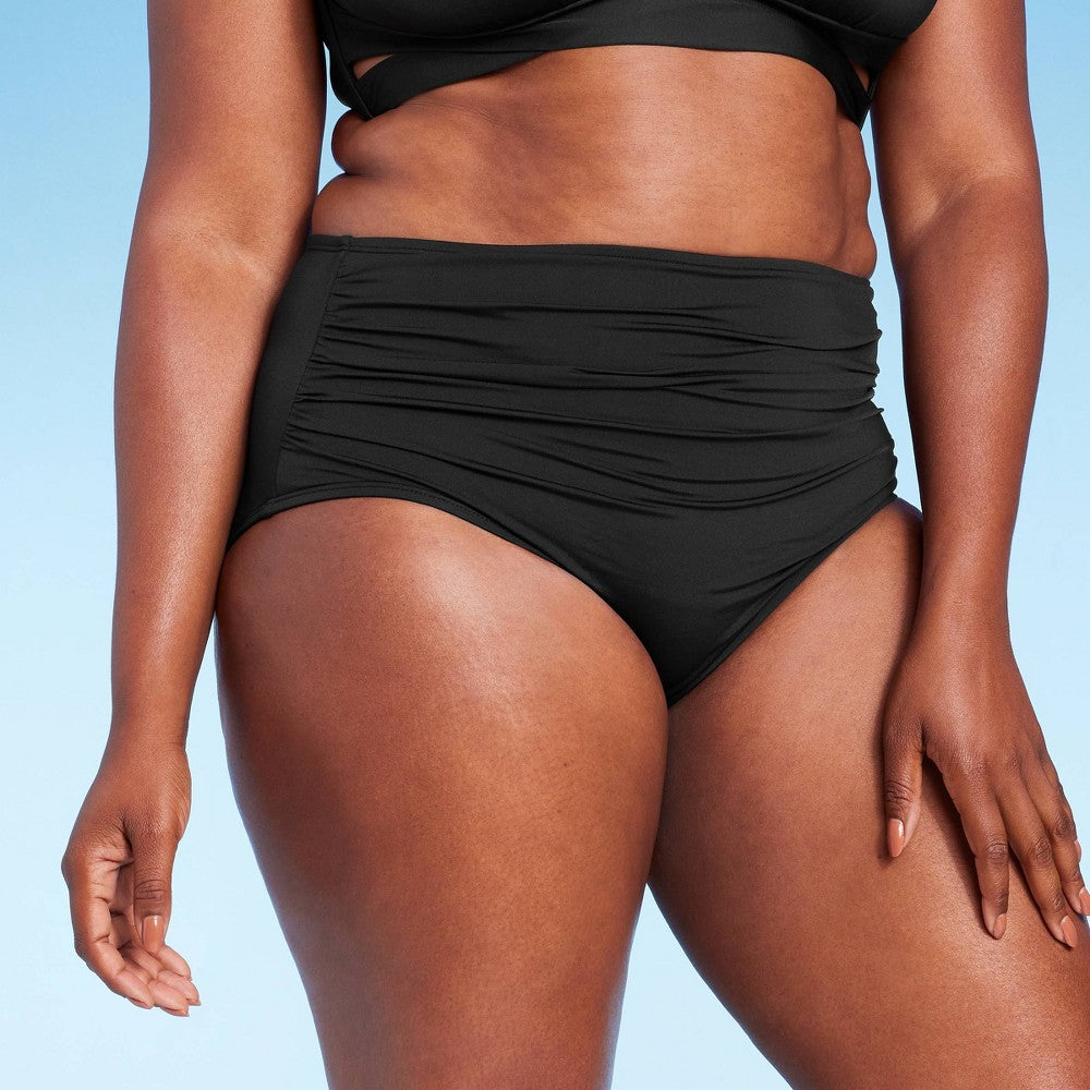 Kona Sol Women's Shirred High Waist High Coverage Bikini Bottom Black L