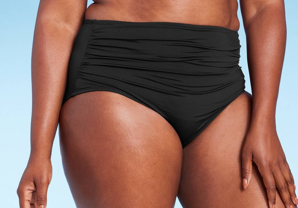 Kona Sol Women's Shirred High Waist High Coverage Bikini Bottom Black L