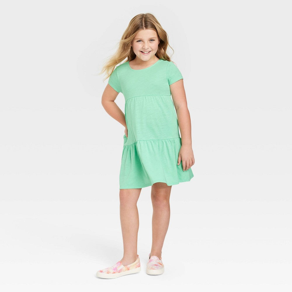 Cat & Jack Girls' Tiered Short Sleeve Knit Dress Green Size L