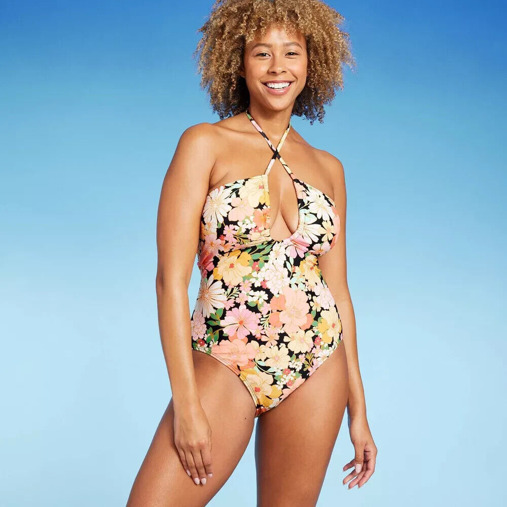 Shade & Shore Women's Halter Keyhole Bandeau One Piece Swimsuit Multi Floral Print Size S