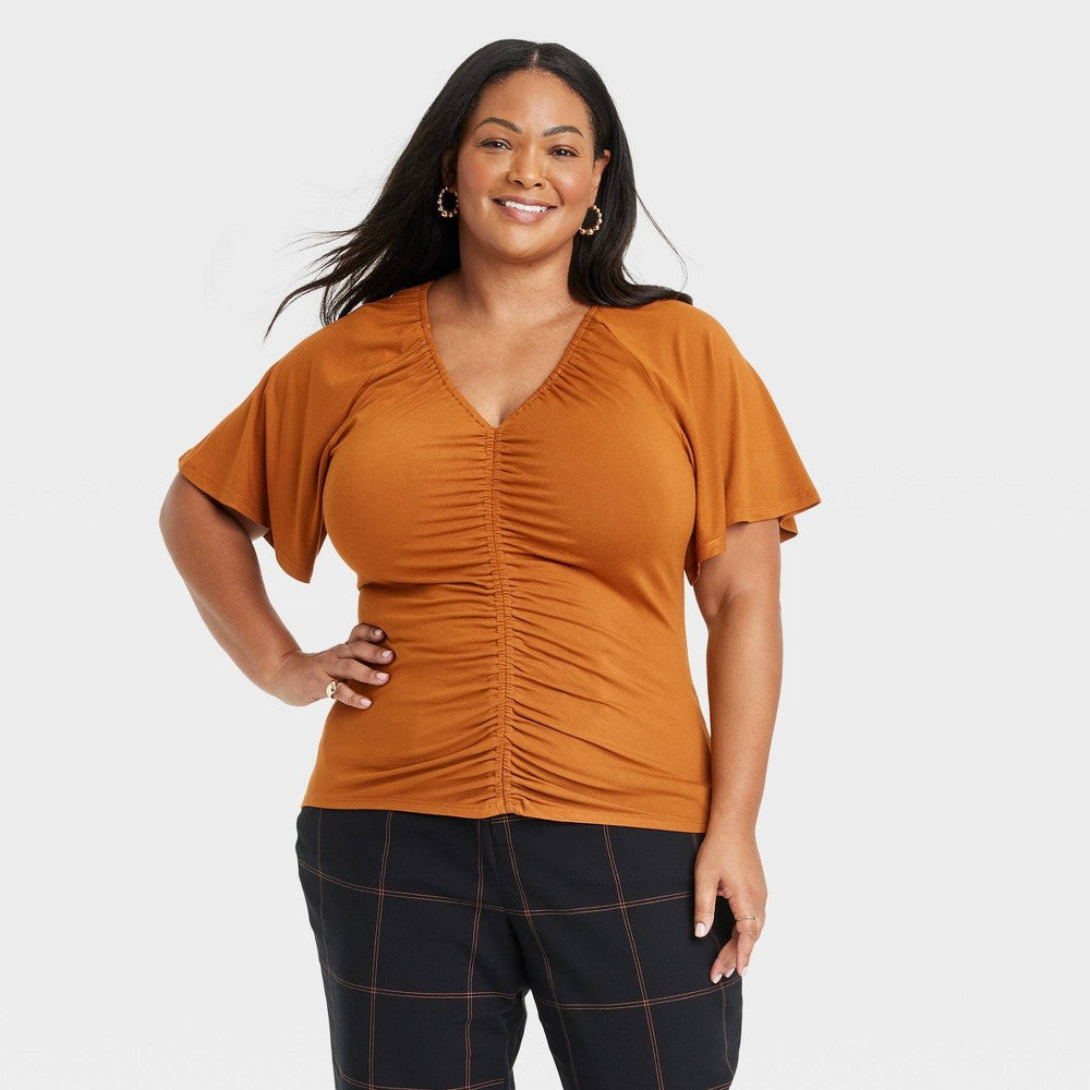 Ava & Viv Women's Flutter Short Sleeve Cinched Knit Top Bronze Size 2X
