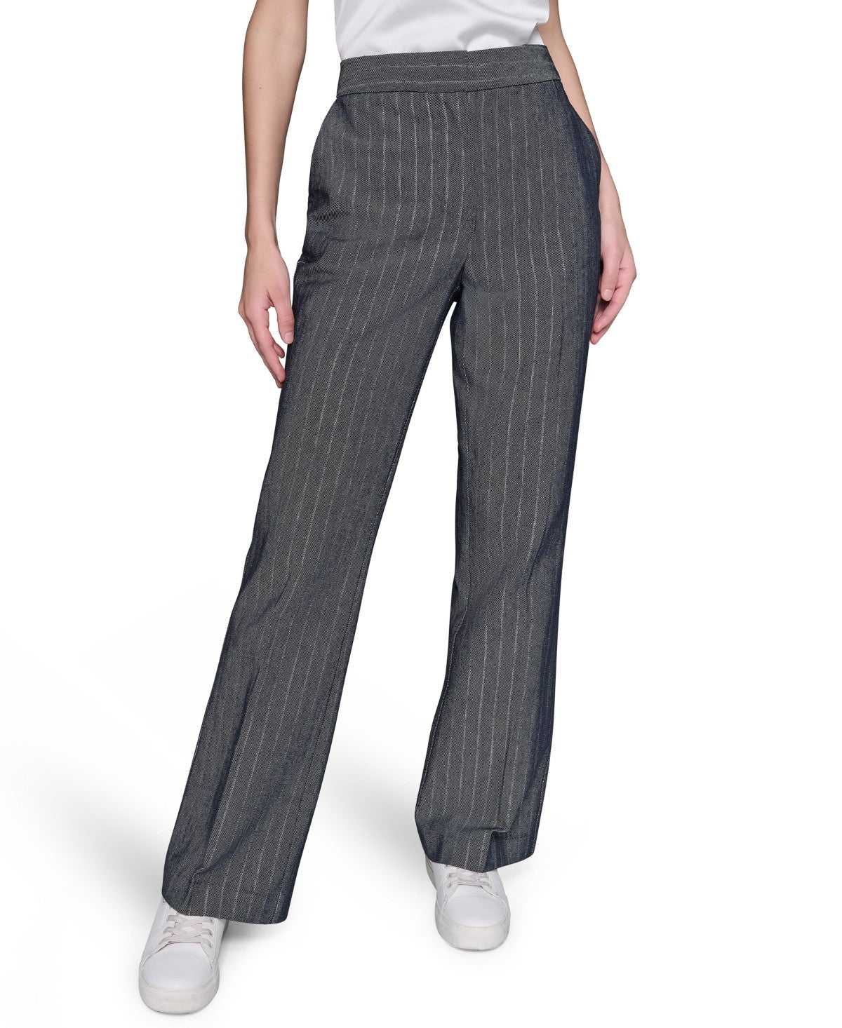 Karl Lagerfeld Paris Womens Pinstriped Flare Leg Pants Indigo Silver