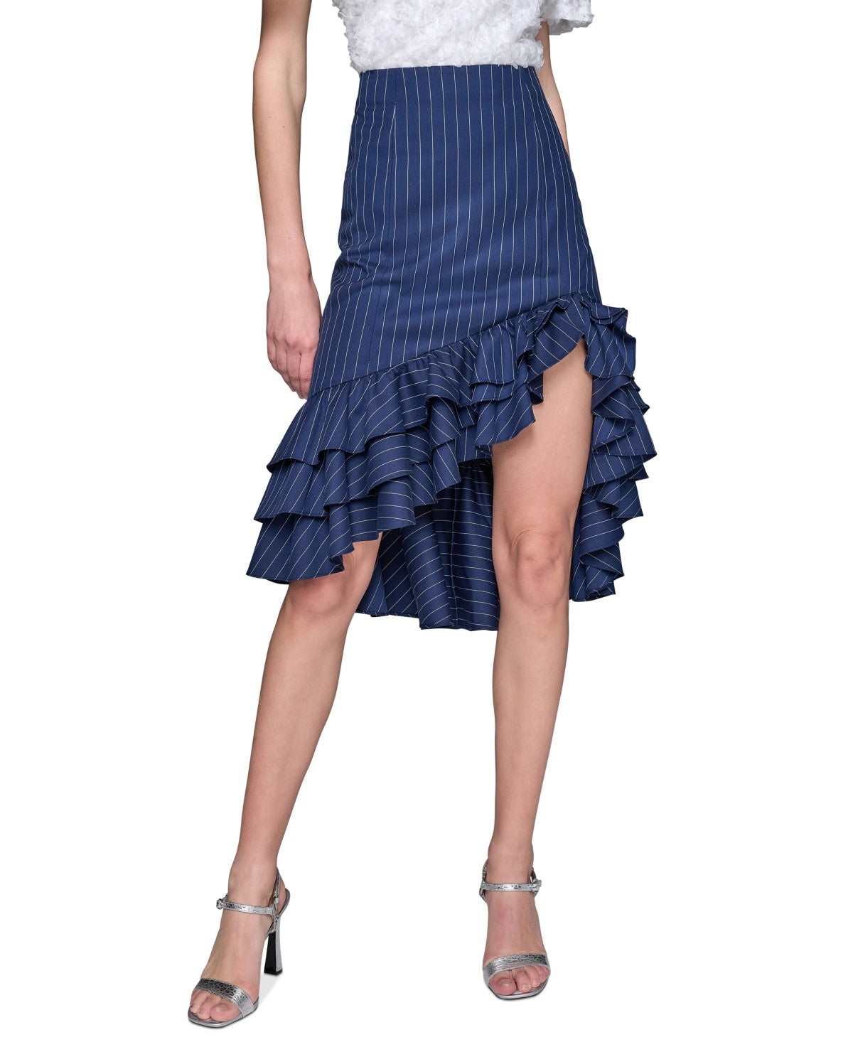 Karl Lagerfeld Paris Womens Pinstriped Asymmetrical Ruffled Skirt Indigo Soft White