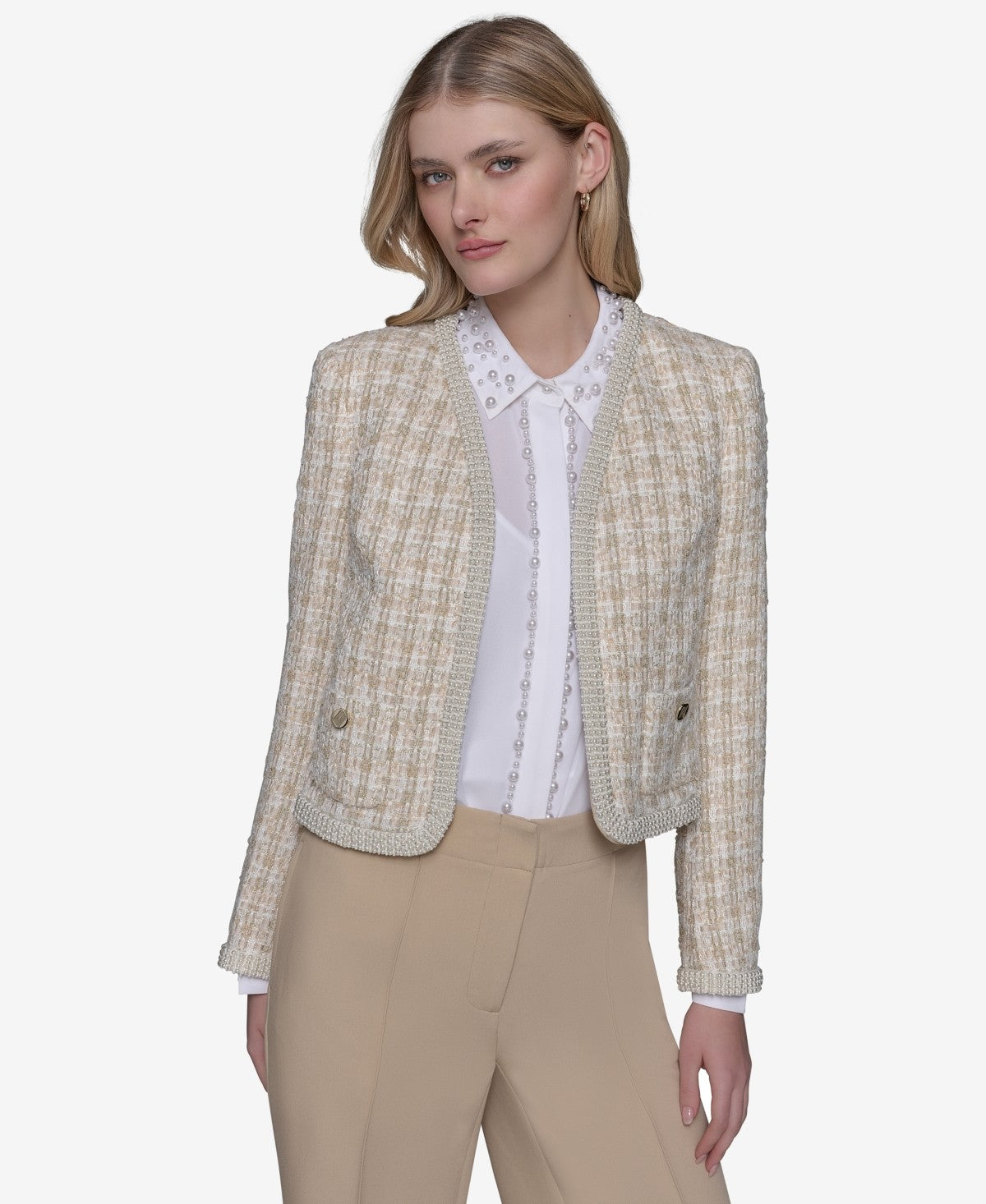 Karl Lagerfeld Paris Womens Cropped Tweed Open Front Jacket Buff Metallic