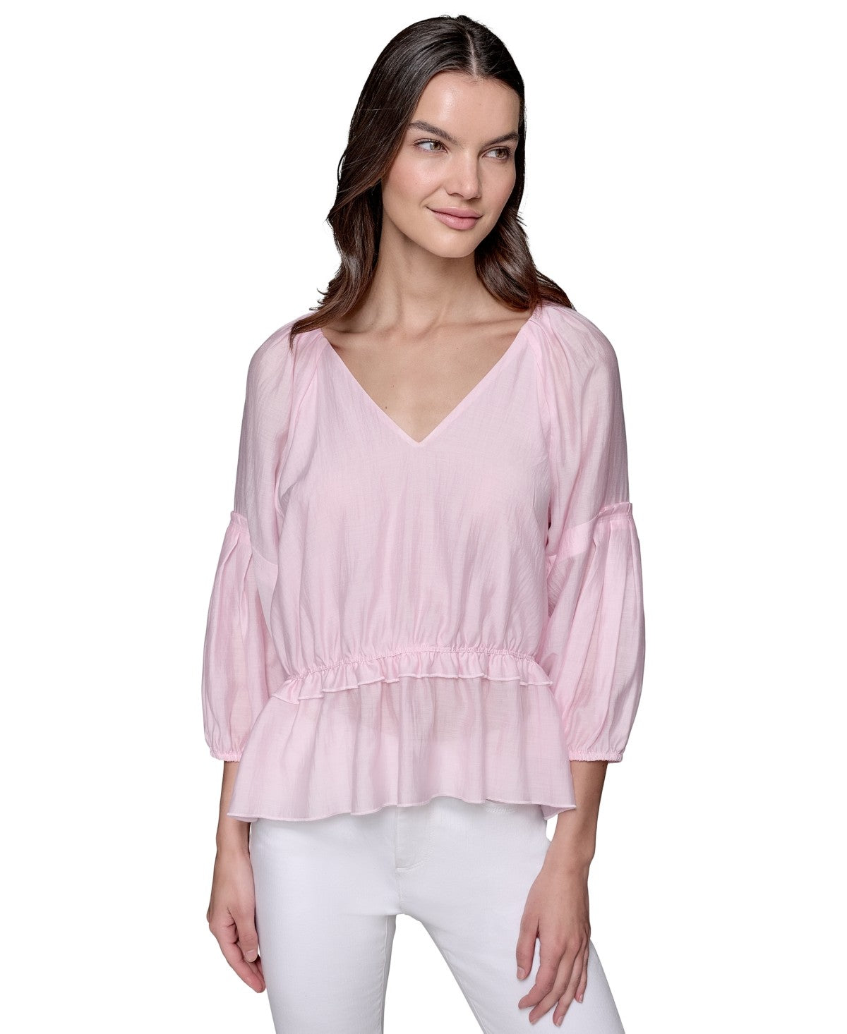 Karl Lagerfeld Paris Womens Tiered Sleeve Peplum Top in Parfait