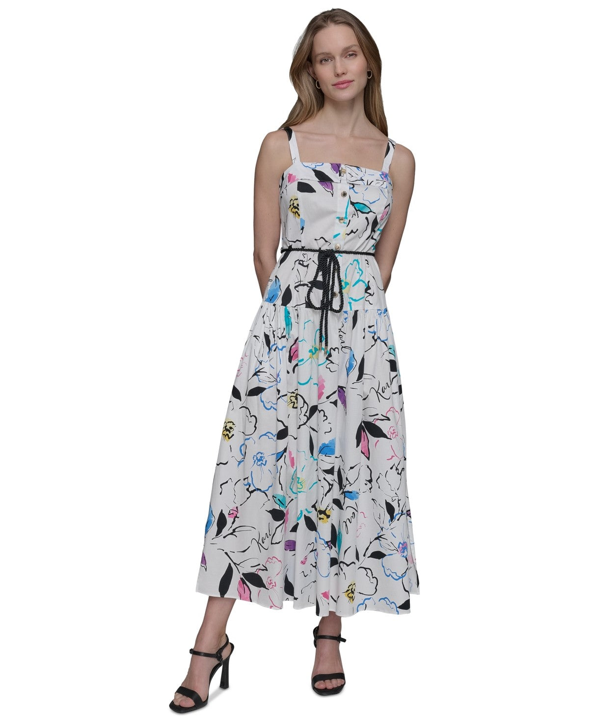 Karl Lagerfeld Paris Womens Printed Square Neck Midi Dress Soft White Multi